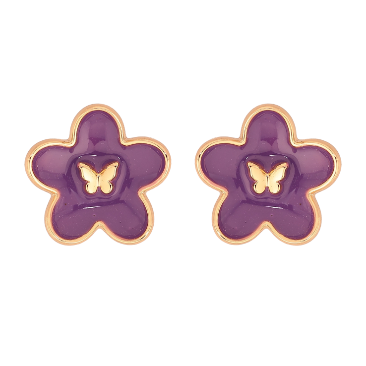Серьги Xuping цвет Позолота 18К пусеты "Цветочки с сиреневой эмалью" фото №5