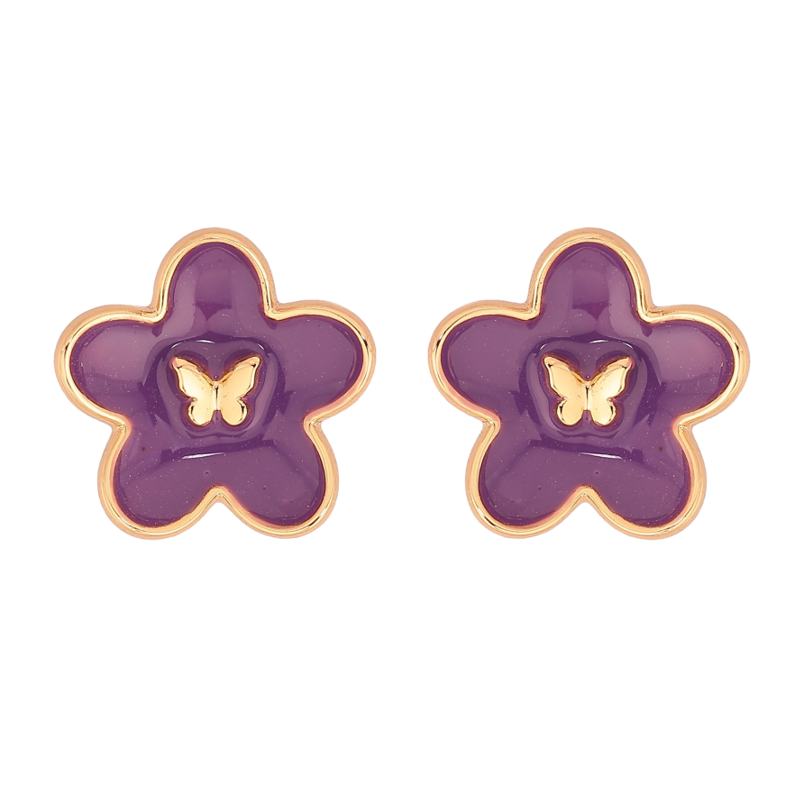 Серьги Xuping цвет Позолота 18К пусеты "Цветочки с сиреневой эмалью" фото №1