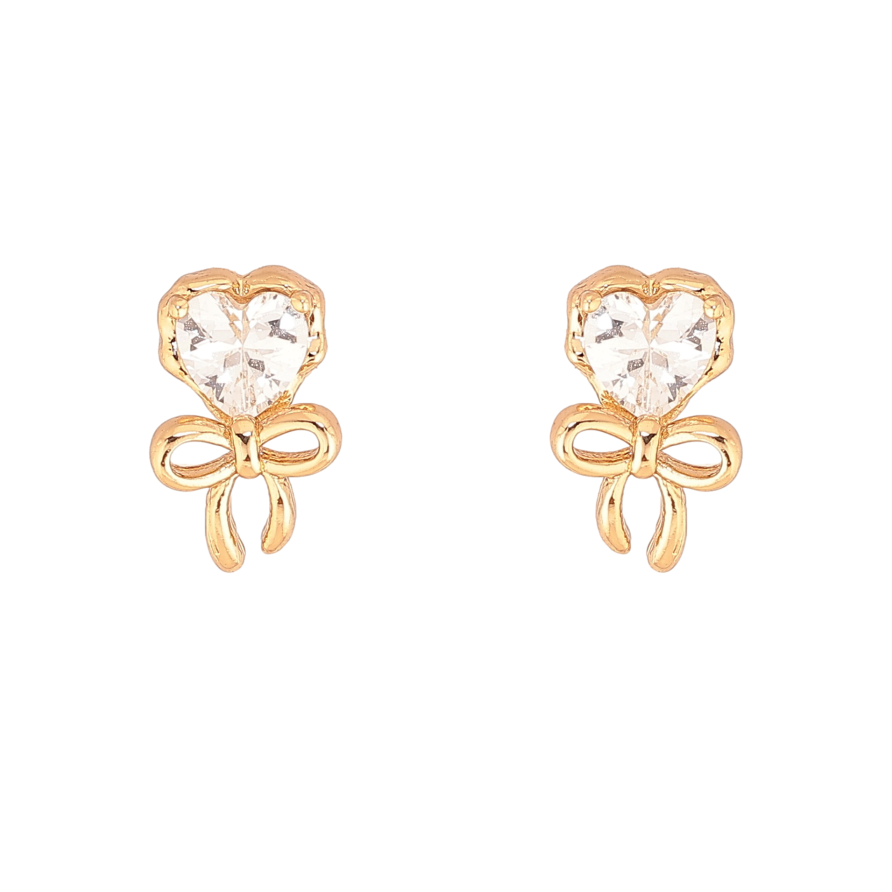 Серьги Xuping цвет Позолота 18К пусеты "Кристальные сердечки с бантами" фото №1