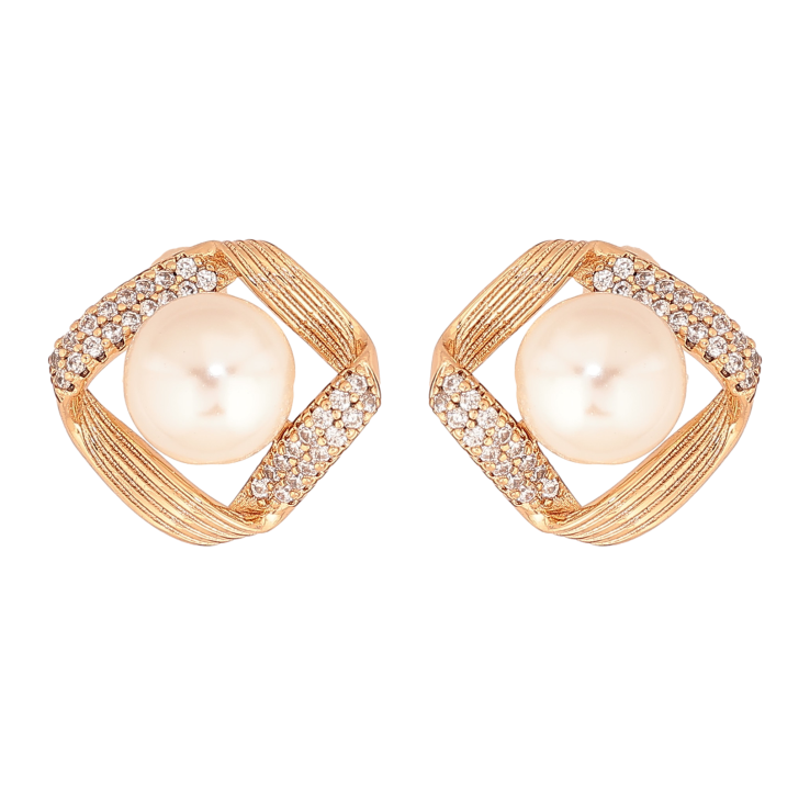 Серьги Xuping цвет Позолота 18К пусеты "Ромбы с жемчужинами и кристаллами" фото №3 Серьги Xuping цвет Позолота 18К пусеты "Ромбы с жемчужинами и кристаллами" фото №3