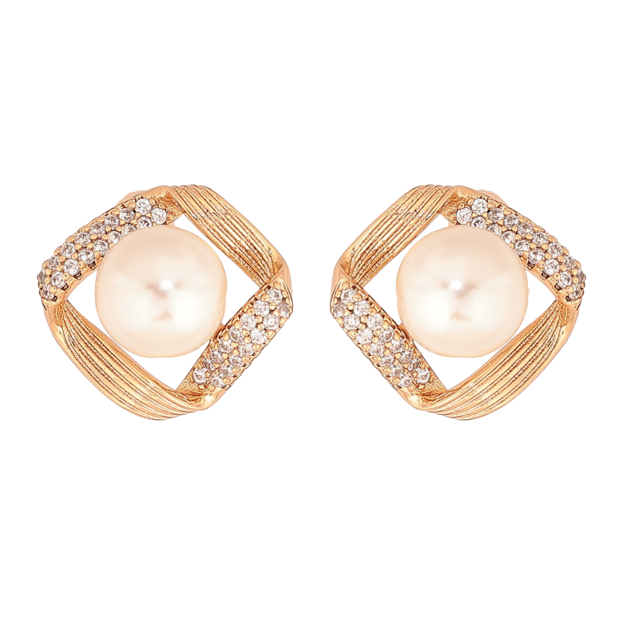 Серьги Xuping цвет Позолота 18К пусеты "Ромбы с жемчужинами и кристаллами" фото №1 Серьги Xuping цвет Позолота 18К пусеты "Ромбы с жемчужинами и кристаллами" фото №1