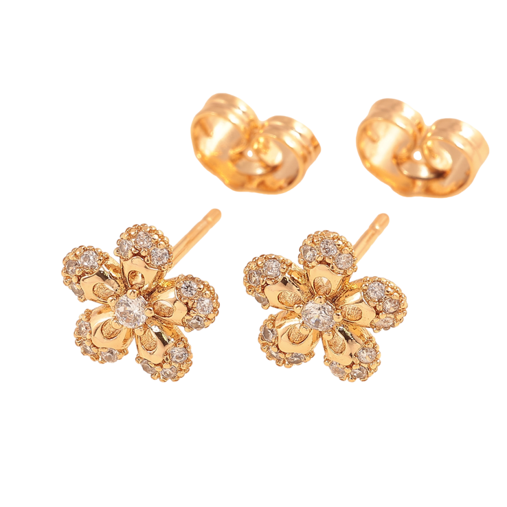 Серьги Xuping цвет Позолота 18К пусеты "Цветочки с кристаллами" фото №3