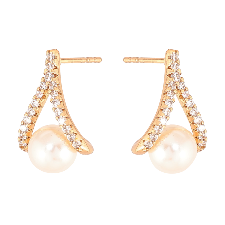 Серьги Xuping цвет Позолота 18К пусеты "Петельки с жемчужинами и кристаллами" фото №1