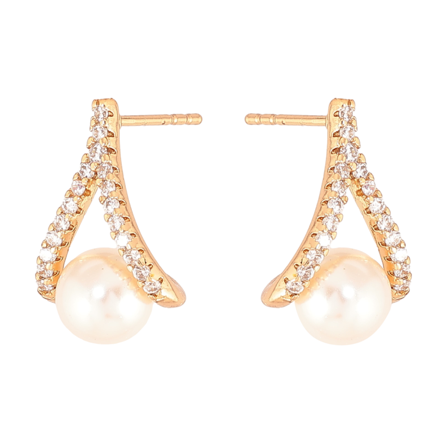 Серьги Xuping цвет Позолота 18К пусеты "Петельки с жемчужинами и кристаллами" фото №1