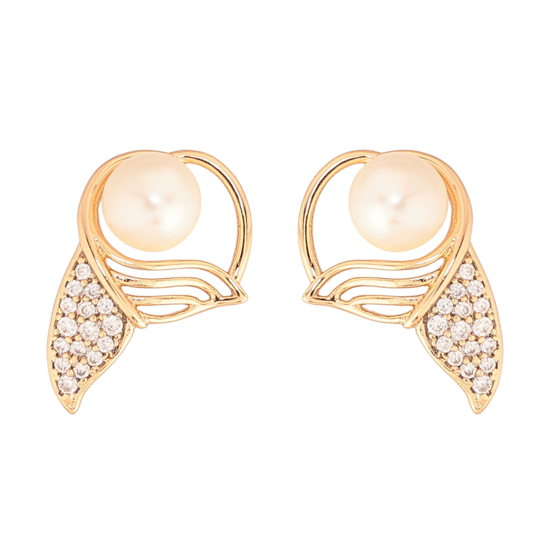 Сережки Xuping колір Позолота 18К пусети "Хвіст з перлиною та кристалами" фото №1 Сережки Xuping колір Позолота 18К пусети "Хвіст з перлиною та кристалами" фото №1