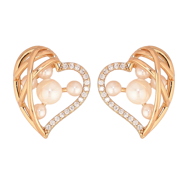 Сережки Xuping колір Позолота 18К пусети "Сердечки з кристалами та перлинами" фото №1