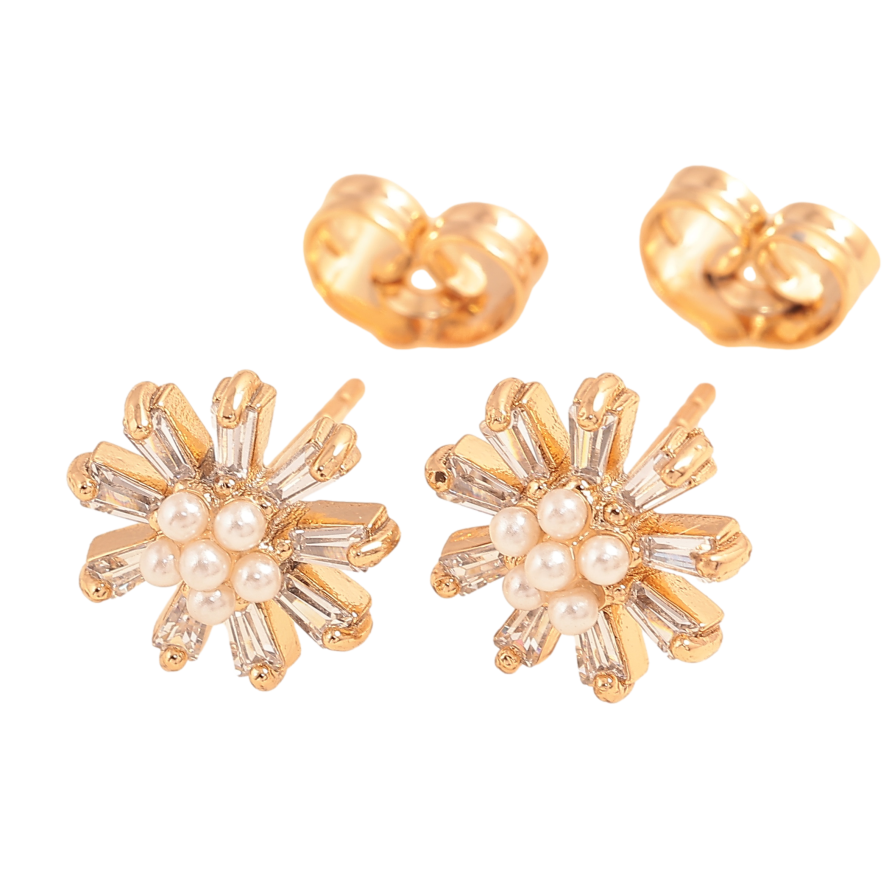 Серьги Xuping цвет Позолота 18К пусеты "Кристальные цветочки с жемчужинами" фото №1