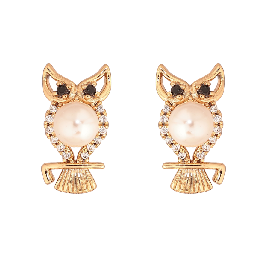 Серьги Xuping цвет Позолота 18К пусеты "Совы с жемчугом и кристаллами" фото №1
