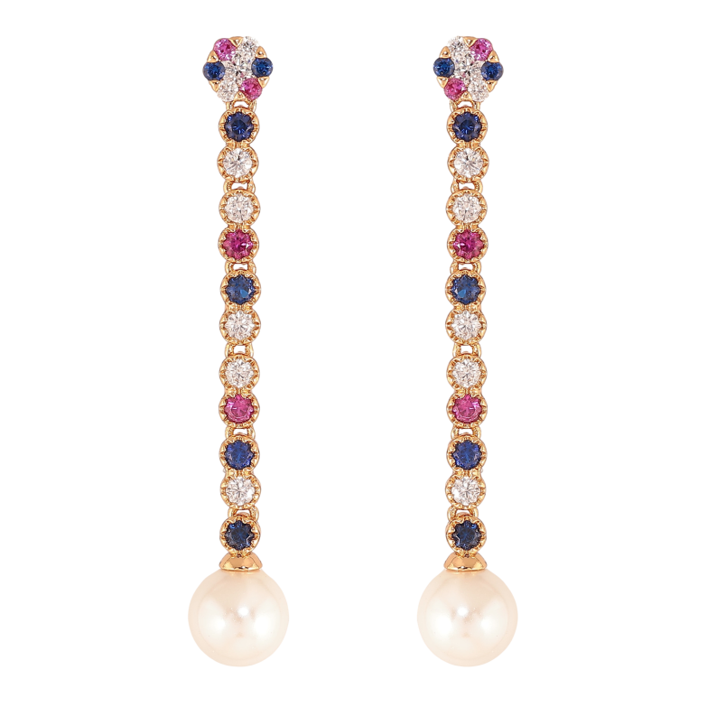 Серьги Xuping цвет Позолота 18К пусеты "Подвески с разноцветными кристаллами и жемчужинами" фото №1