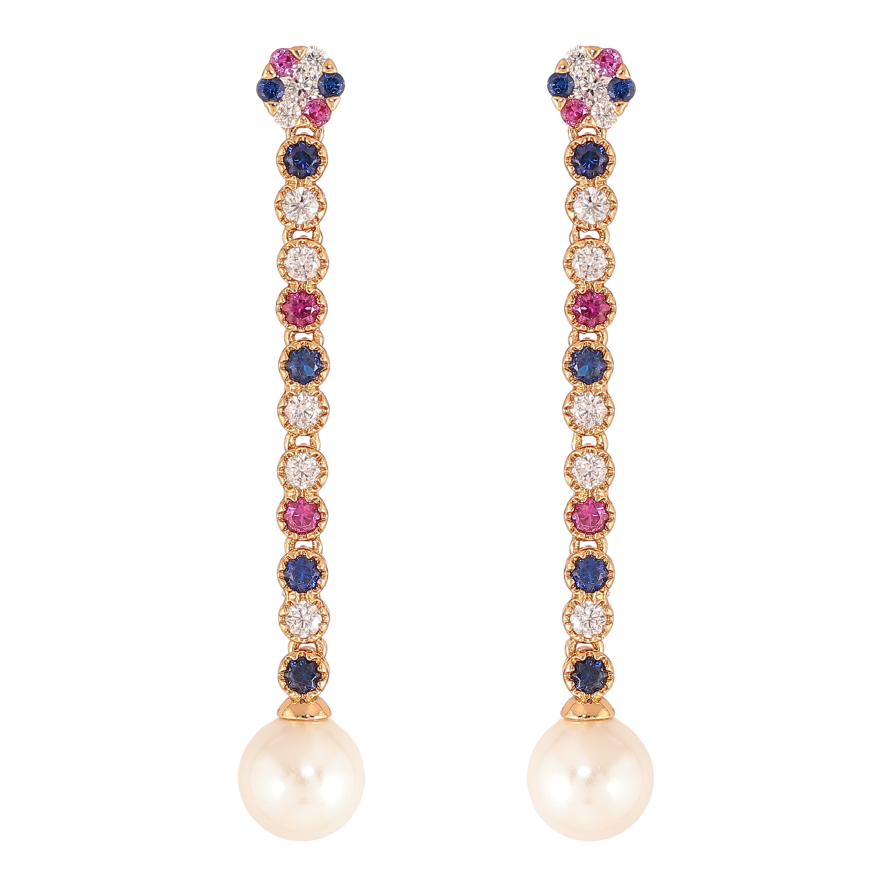 Серьги Xuping цвет Позолота 18К пусеты "Подвески с разноцветными кристаллами и жемчужинами" фото №1