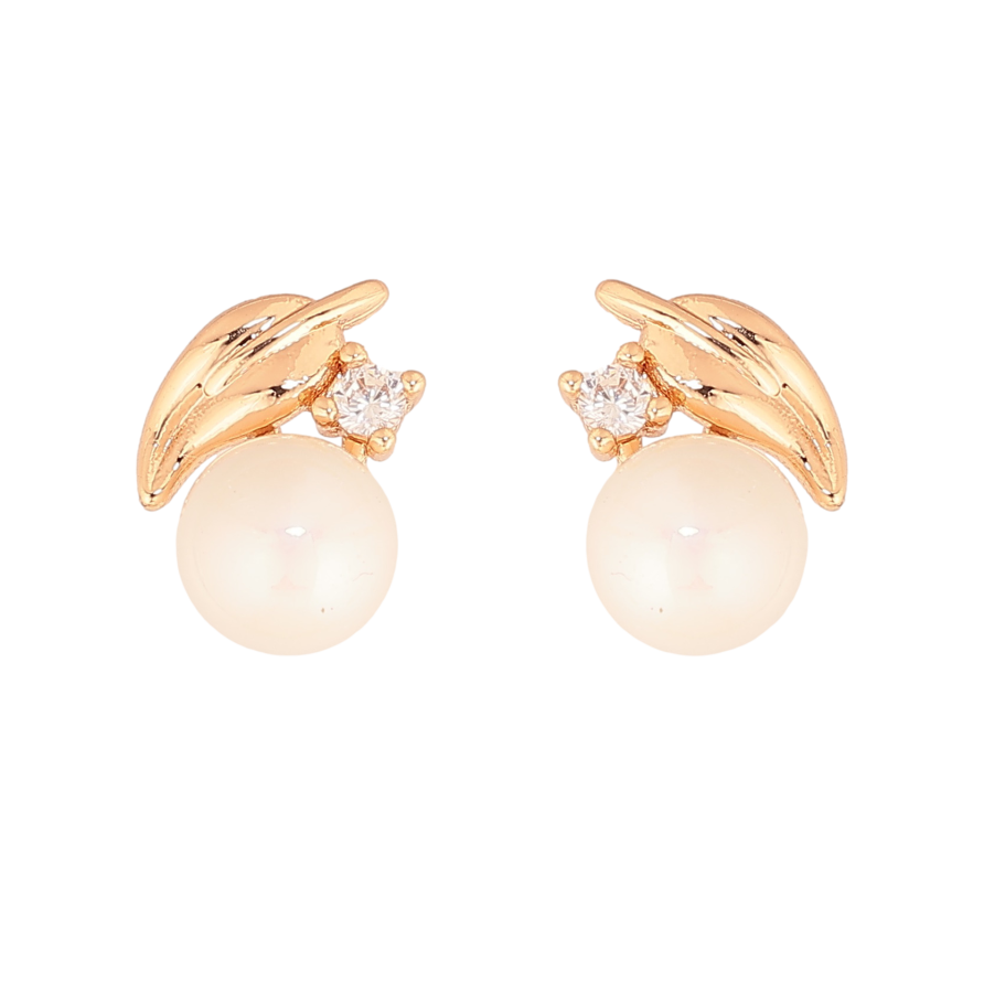 Серьги Xuping цвет Позолота 18К пусеты "Листики с кристаллами и жемчужинами" фото №1