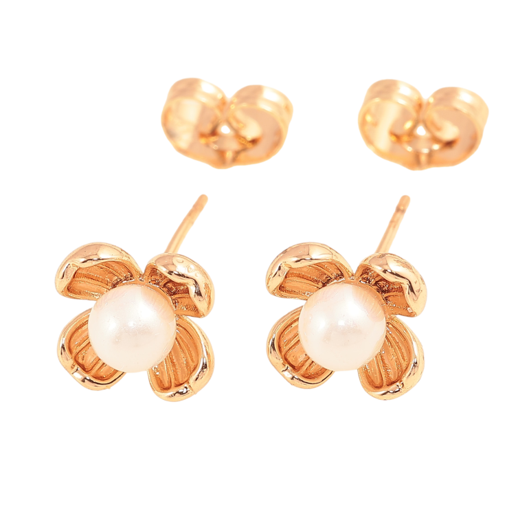 Серьги Xuping цвет Позолота 18К пусеты "Цветочки с жемчужинами" фото №15