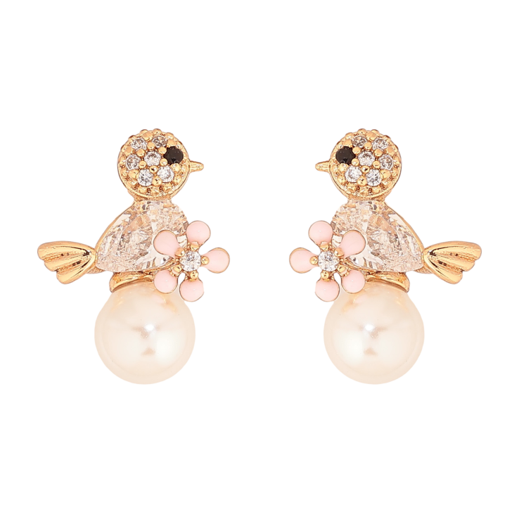 Серьги Xuping цвет Позолота 18К пусеты "Птичка с жемчужиной и розовым цветочком" фото №7