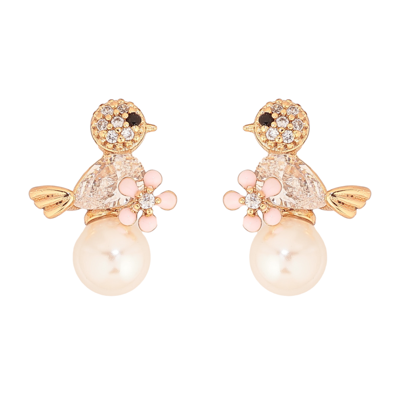Серьги Xuping цвет Позолота 18К пусеты "Птичка с жемчужиной и розовым цветочком" фото №1