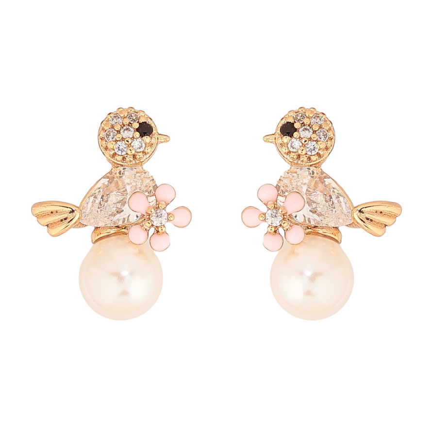 Серьги Xuping цвет Позолота 18К пусеты "Птичка с жемчужиной и розовым цветочком" фото №1