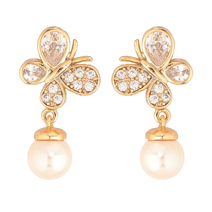 Серьги Xuping цвет Позолота 18К пусеты "Бабочки с жемчужными подвесками" фото №1