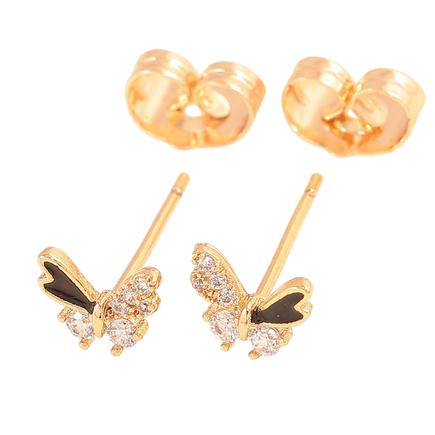 Серьги Xuping цвет Позолота 18К пусеты "Бабочки с кристаллами и черной эмалью" фото №1