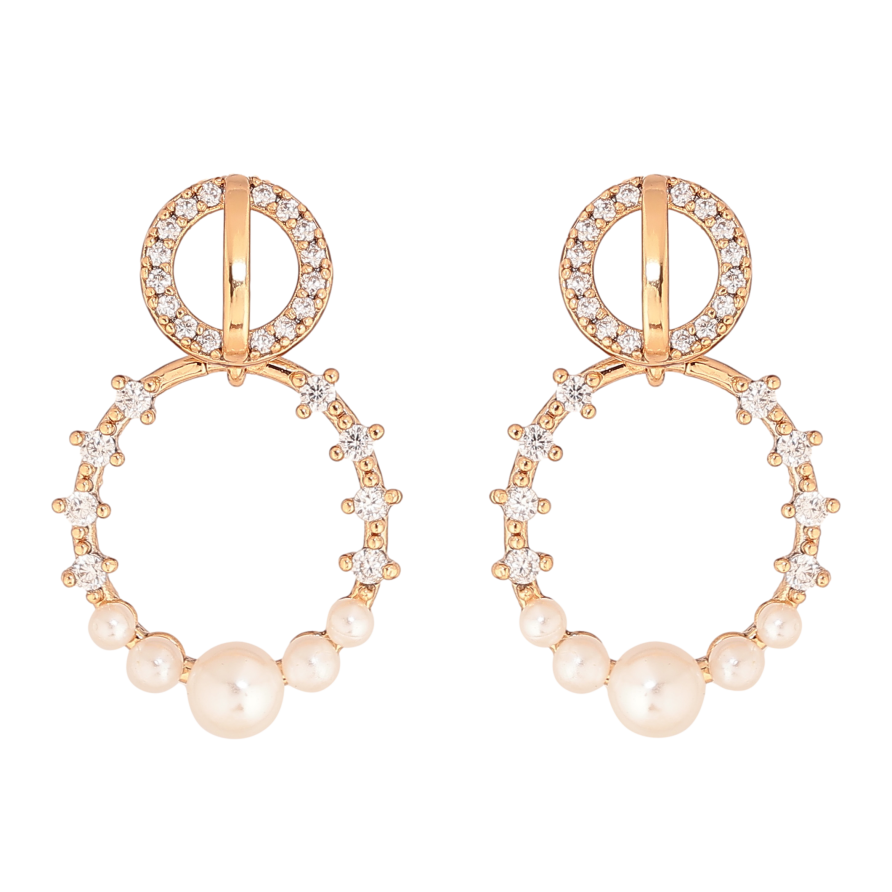 Серьги Xuping цвет Позолота 18К пусеты "Колечки с кристаллами и жемчужинами" фото №1