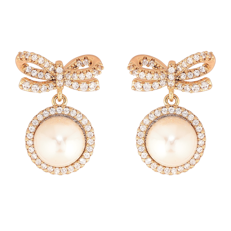 Серьги Xuping цвет Позолота 18К пусеты "Банты с жемчужными подвесками" фото №19