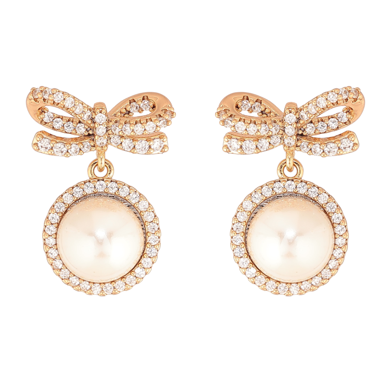 Серьги Xuping цвет Позолота 18К пусеты "Банты с жемчужными подвесками" фото №1