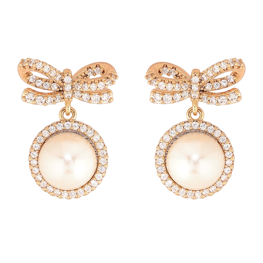 Серьги Xuping цвет Позолота 18К пусеты "Банты с жемчужными подвесками" фото №1