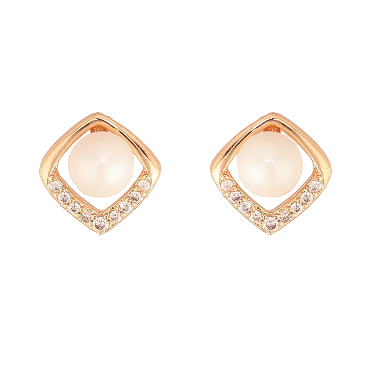 Серьги Xuping цвет Позолота 18К пусеты "Ромбы с жемчужинами и кристаллами" фото №3