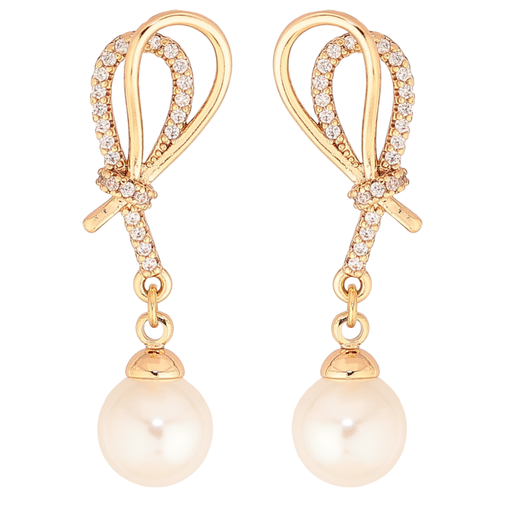 Серьги Xuping цвет Позолота 18К пусеты "Петельки с жемчужными подвесками" фото №6