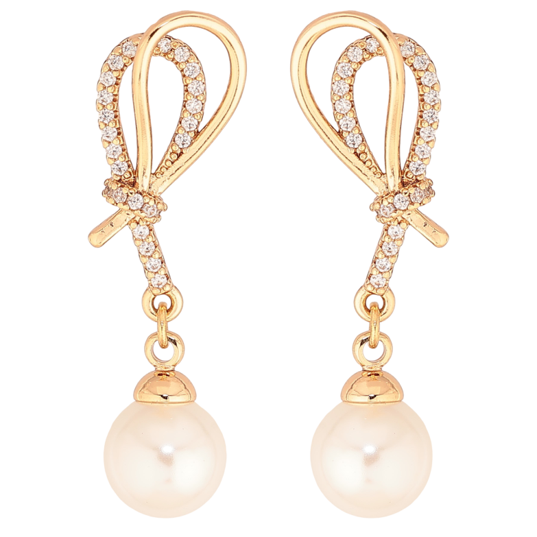 Серьги Xuping цвет Позолота 18К пусеты "Петельки с жемчужными подвесками" фото №1