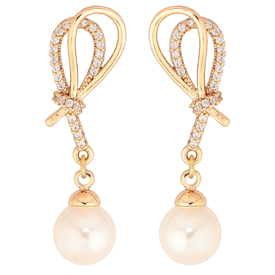 Серьги Xuping цвет Позолота 18К пусеты "Петельки с жемчужными подвесками" фото №1