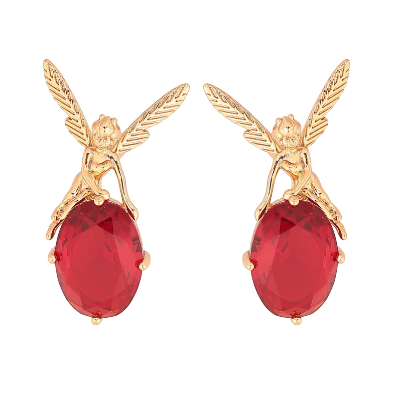 Серьги Xuping цвет Позолота 18К пусеты "Красные кристаллы с феями" фото №9