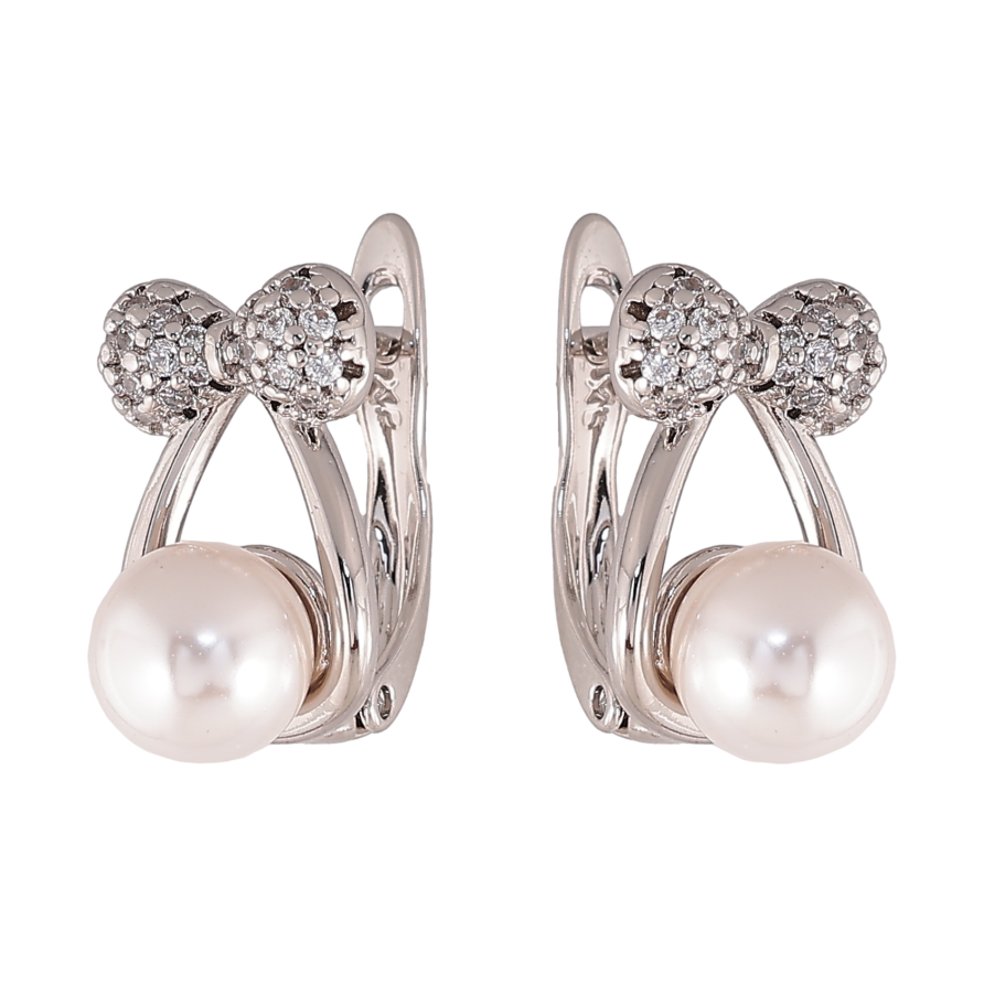 Серьги Xuping цвет Родий английский замок "Банты с жемчужинами" фото №1