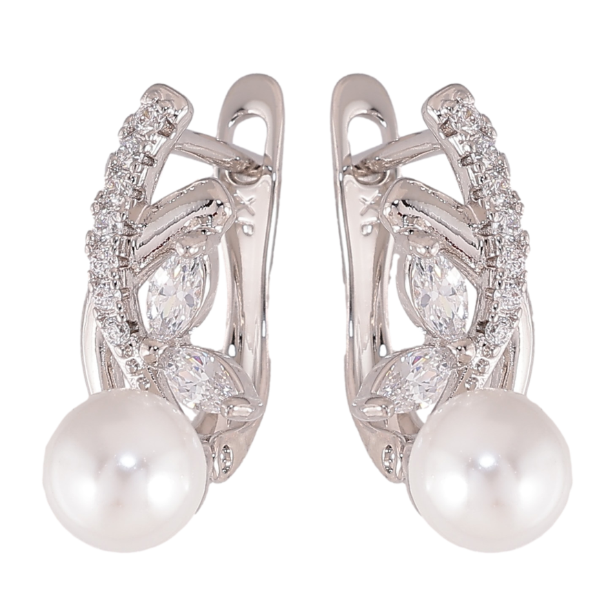 Серьги Xuping цвет Родий английский замок "Узор с кристаллами и жемчужинами" фото №1 Серьги Xuping цвет Родий английский замок "Узор с кристаллами и жемчужинами" фото №1