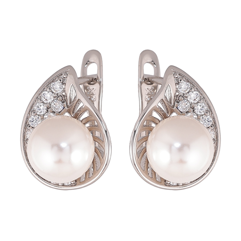 Серьги Xuping цвет Родий английский замок "Узор с кристаллами и жемчужинами" фото №1