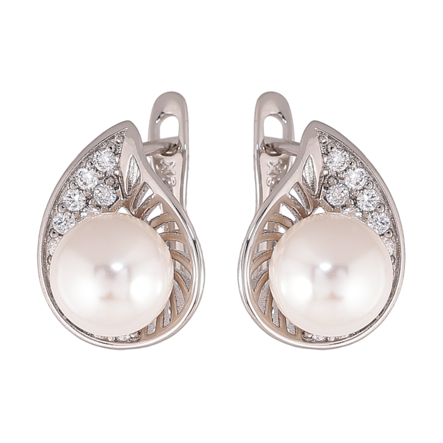 Серьги Xuping цвет Родий английский замок "Узор с кристаллами и жемчужинами" фото №1