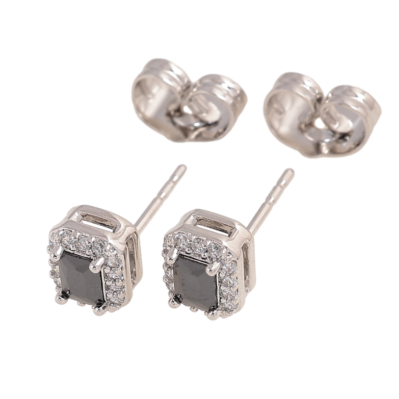 Серьги Xuping цвет Родий пусеты "Черные кристаллы в обрамлении" фото №1