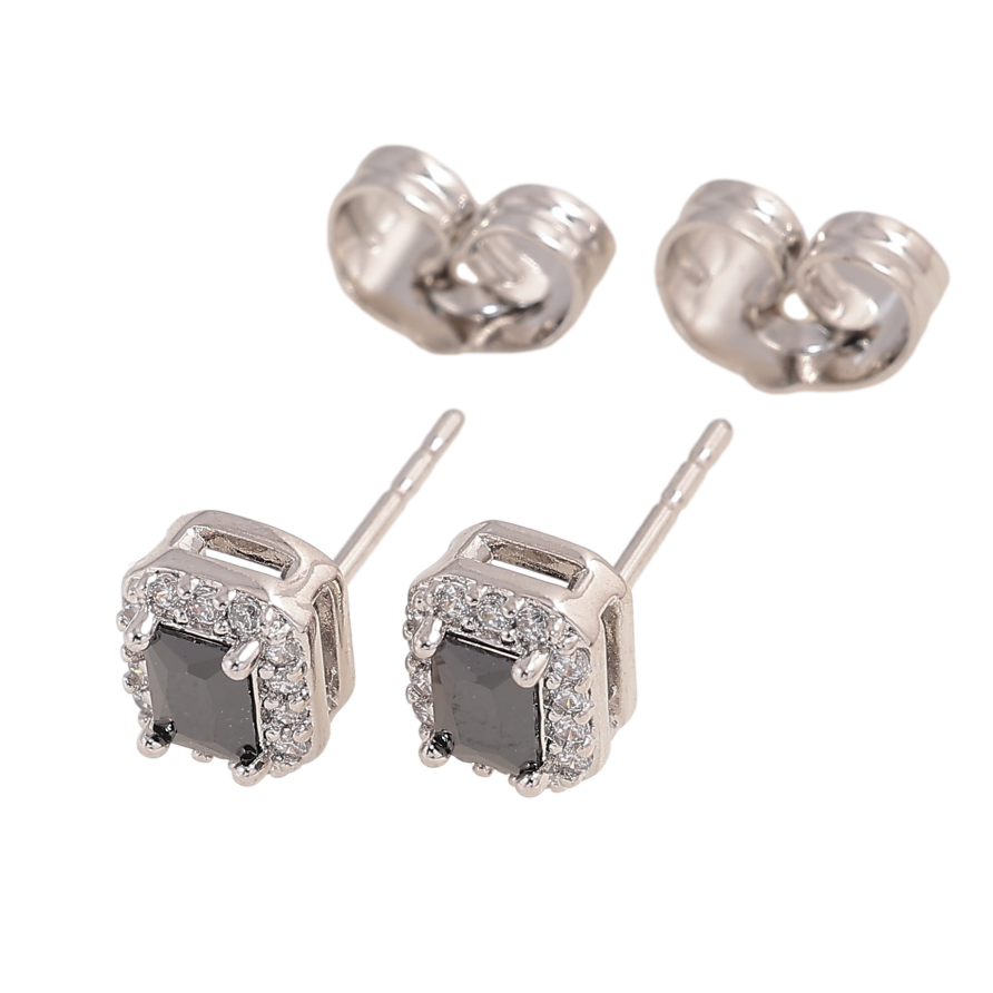 Серьги Xuping цвет Родий пусеты "Черные кристаллы в обрамлении" фото №1