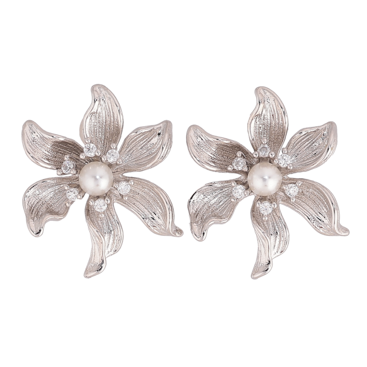 Серьги Xuping цвет Родий пусеты "Цветочки с жемчужинками" фото №4
