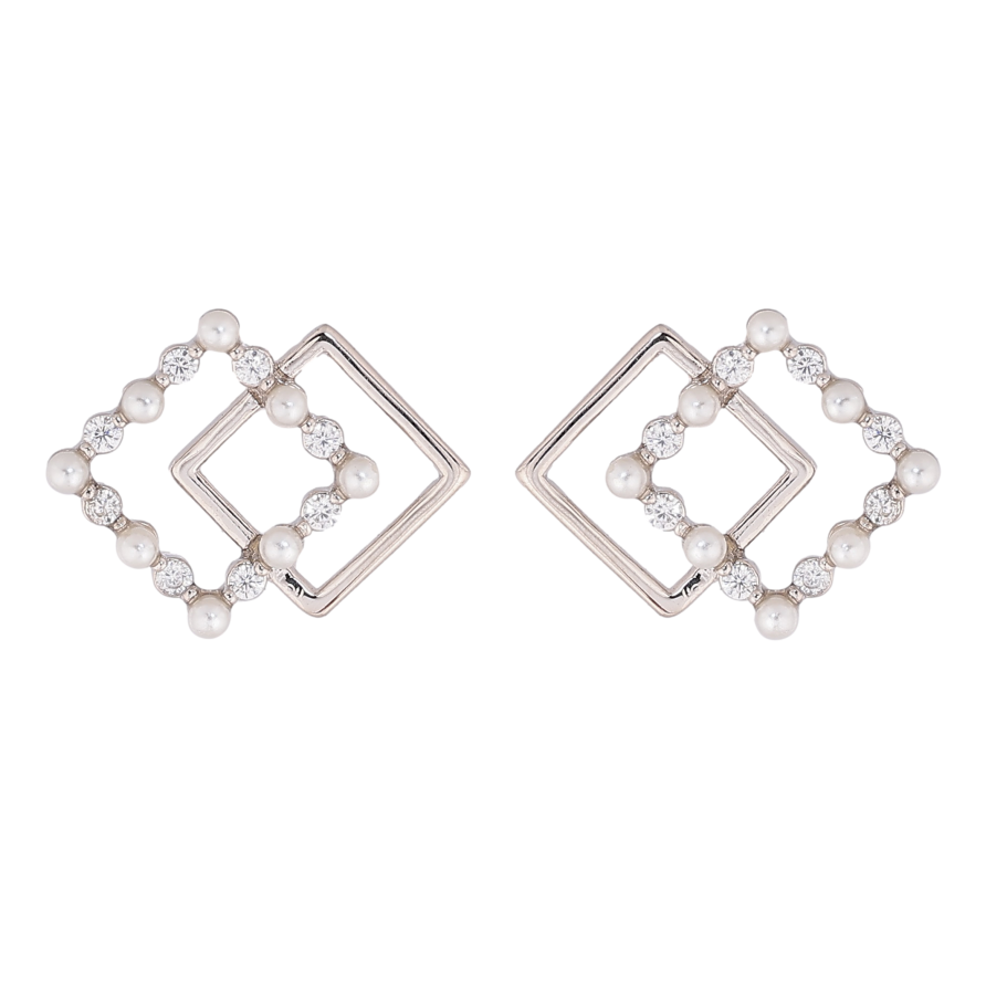 Сережки Xuping колір Родій пусети "Ромби з кристалами та перлинами" фото №1