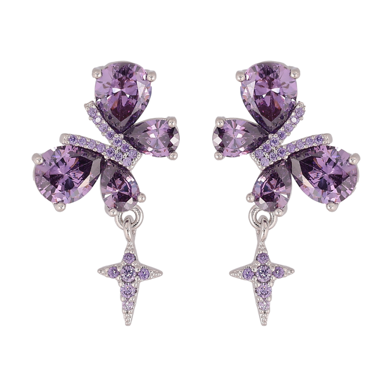 Сережки Xuping колір Родій пусети "Бузкові кристальні метелики" фото №1