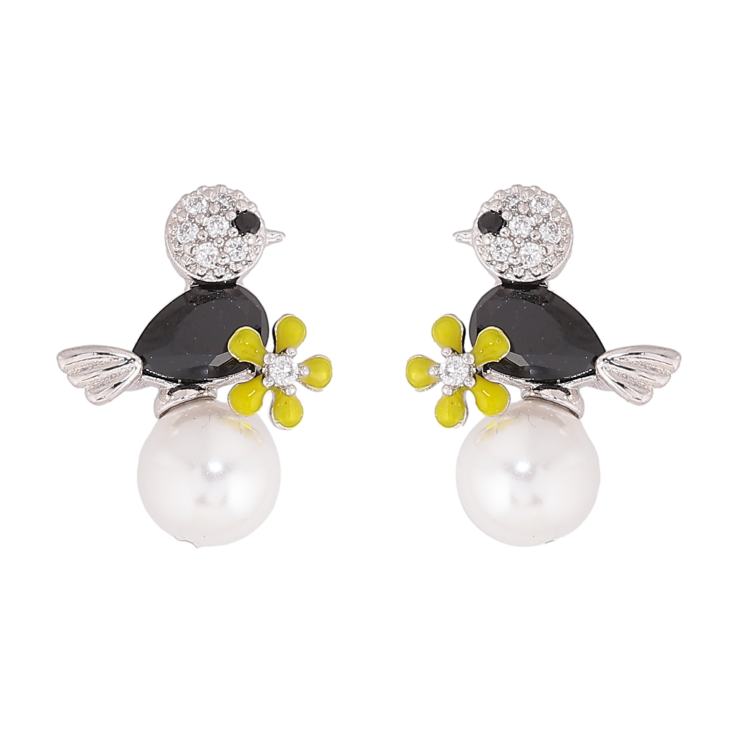 Серьги Xuping цвет Родий пусеты "Птичка с черным кристаллом на жемчужине" фото №12