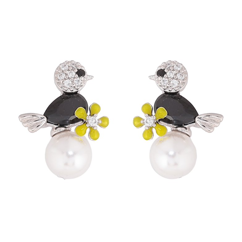 Серьги Xuping цвет Родий пусеты "Птичка с черным кристаллом на жемчужине" фото №23