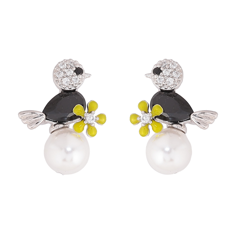 Серьги Xuping цвет Родий пусеты "Птичка с черным кристаллом на жемчужине" фото №1