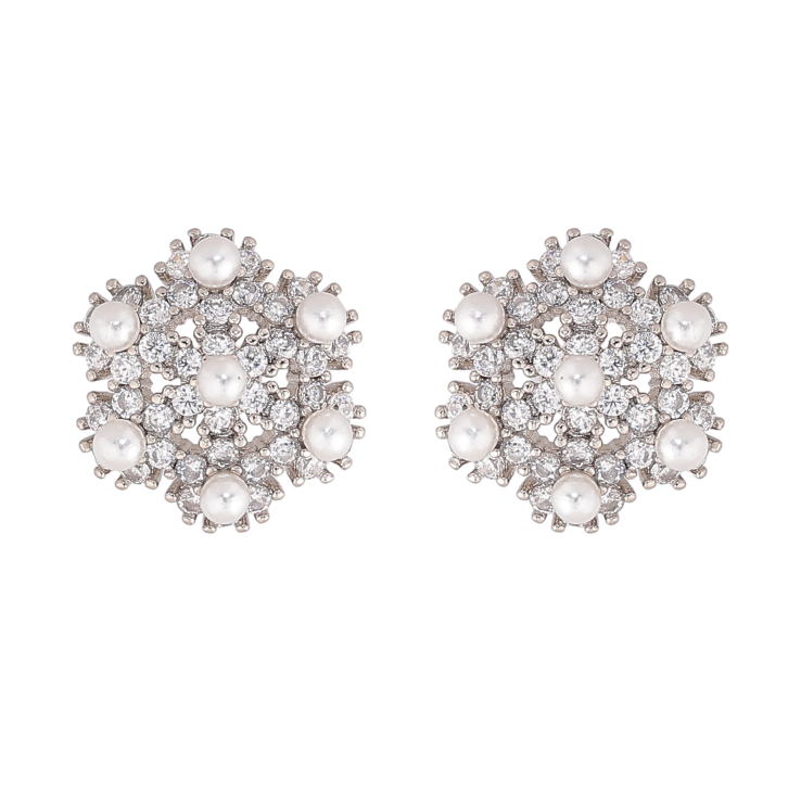 Серьги Xuping цвет Родий пусеты "Кристальные цветочки с жемчужинами" фото №3