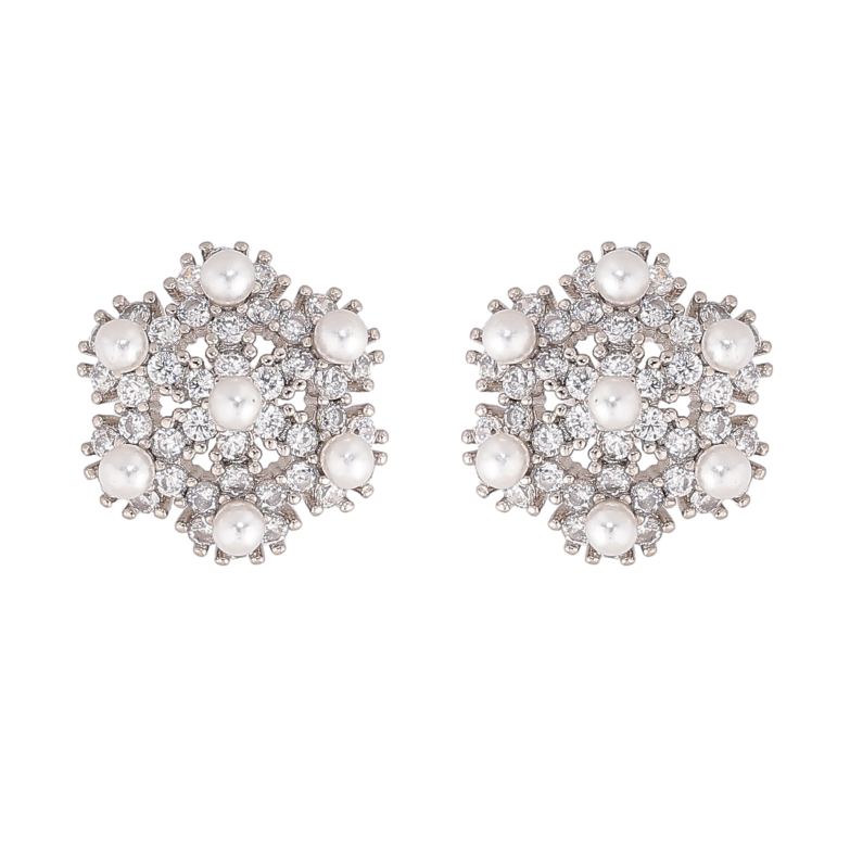 Серьги Xuping цвет Родий пусеты "Кристальные цветочки с жемчужинами" фото №1