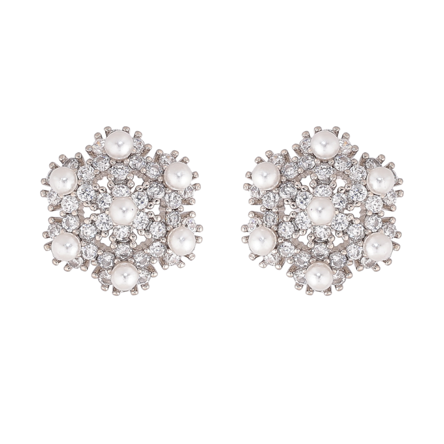 Серьги Xuping цвет Родий пусеты "Кристальные цветочки с жемчужинами" фото №1