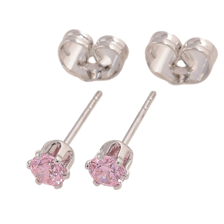 Сережки Xuping колір Родій пусети "Рожеві кристали в 6-ти крапановій оправі" ø 4мм фото №1