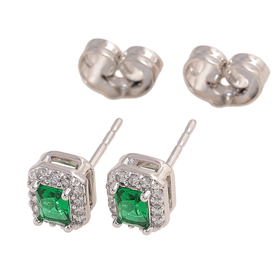 Серьги Xuping цвет Родий пусеты "Зеленые кристаллы в обрамлении" фото №1