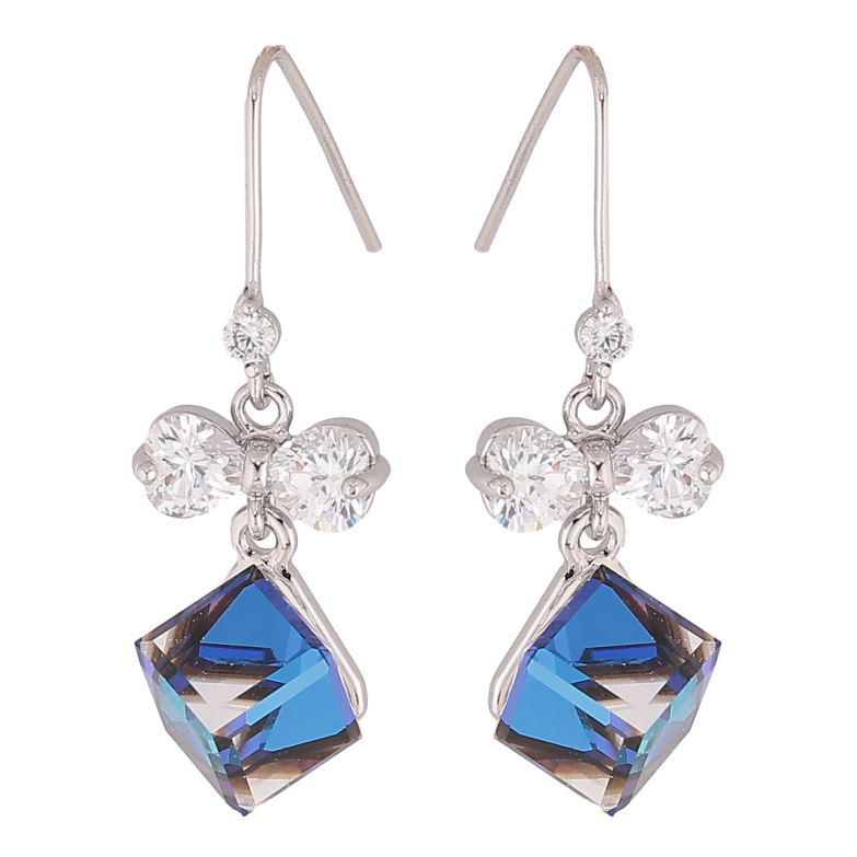 Сережки Xuping колір Родій з кристалами Swarovski французький замок "Кристальні кубики Bermuda Blue з бантами" фото №1