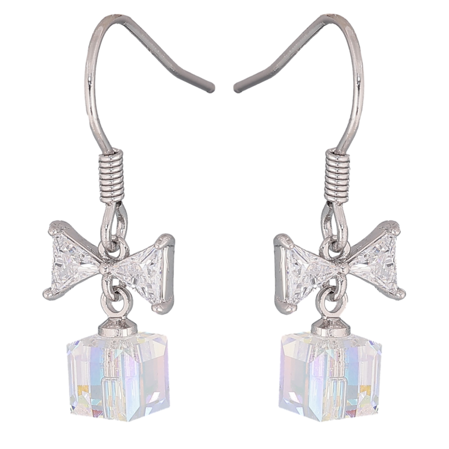 Сережки Xuping колір Родій з кристалами Swarovski французький замок "Кристальні кубики Shimmer з бантами" фото №1