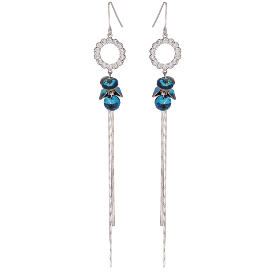 Сережки Xuping колір Родій з кристалами Swarovski французький замок "Кристали Metallic Blue на колечках з ланцюжками" фото №1